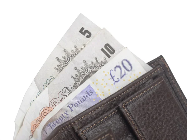 Brown wallet with British pound notes — Stock Photo, Image