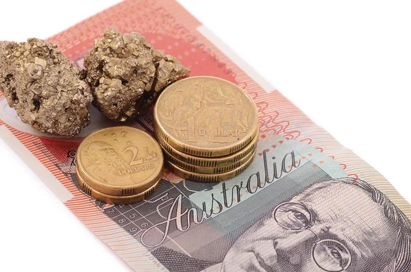 Gold and coins on Australian dollar — Stock Photo, Image