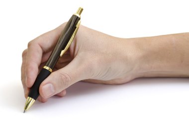 Writing hand with shiny pen white background