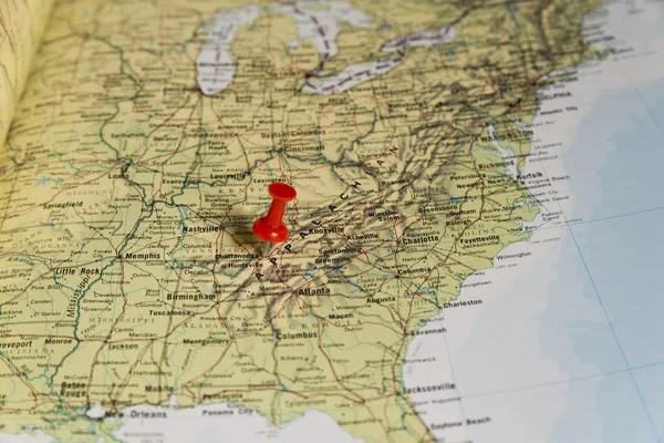 Chattanooga Marked with Red Pushpin on Map