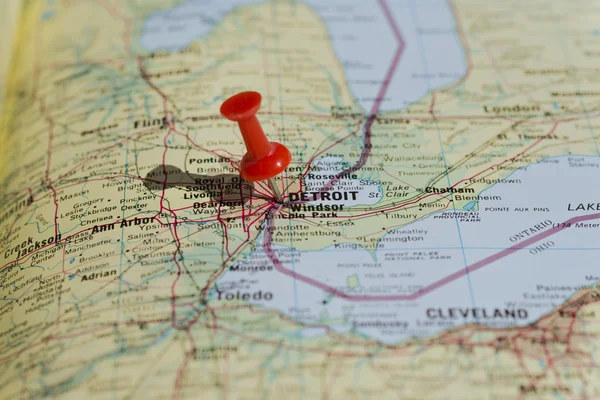 Detroit Marked on Map with Red Pushpin