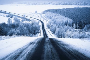 Kış manzarası - karla kaplı buz yolu ve orman ekimi