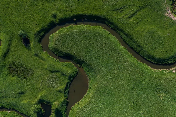 Paesaggio aereo di fiume tortuoso nel campo verde, vista dall'alto della bella struttura della natura dal drone — Foto Stock