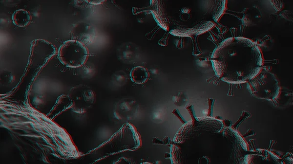 Vista microscópica de un virus infeccioso. Contagio y propagación de una enfermedad. Corona COVID-19. Sars. Gripe. Renderizado 3D — Foto de Stock