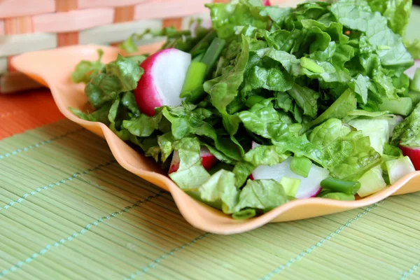 Yeşil salata ile turp, soğan ve cucumbres — Stok fotoğraf