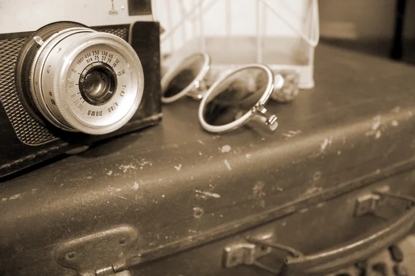 Retro kamera, solglasögon och resväska i sepia, resa befruktningen — Stockfoto