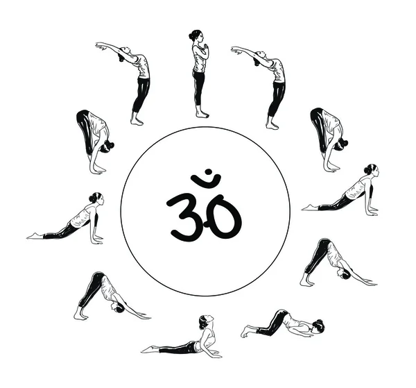 Suria Namaskar - Complexe De Salutation Du Soleil De Yoga Asanas — Image vectorielle