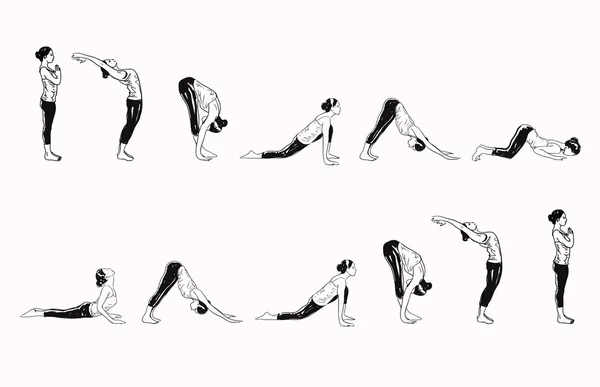 Surya Namaskar - Complesso di Saluto al Sole di Yoga Asana — Vettoriale Stock