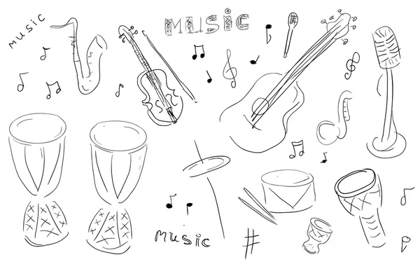 Sketch Music Instruments set - hand drawn in vector — Stock Vector