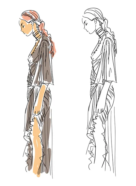Sketch Fashion - una donna con abito grigio — Vettoriale Stock