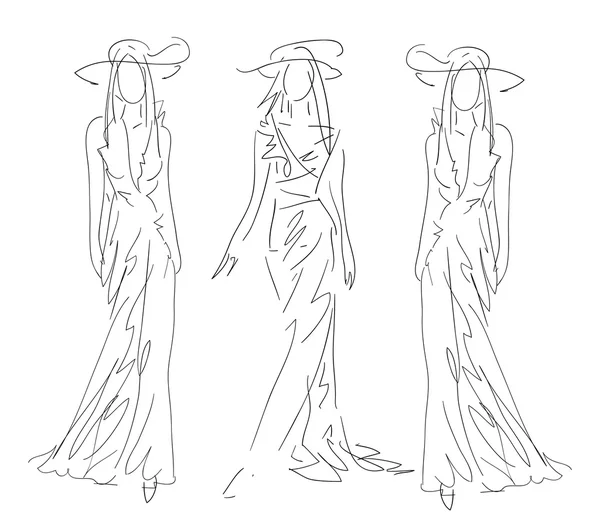 Croquis Poses de mode - femmes avec robe grise — Image vectorielle