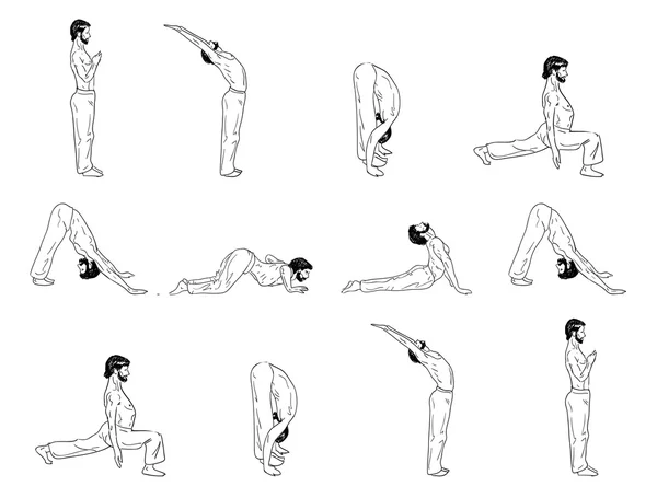 Suria Namaskar - Complejo de Saludo al Sol de Asanas de Yoga — Vector de stock