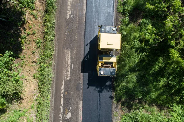 Luchtfoto Van Weg Roller Machine Rollen Asfalt — Stockfoto