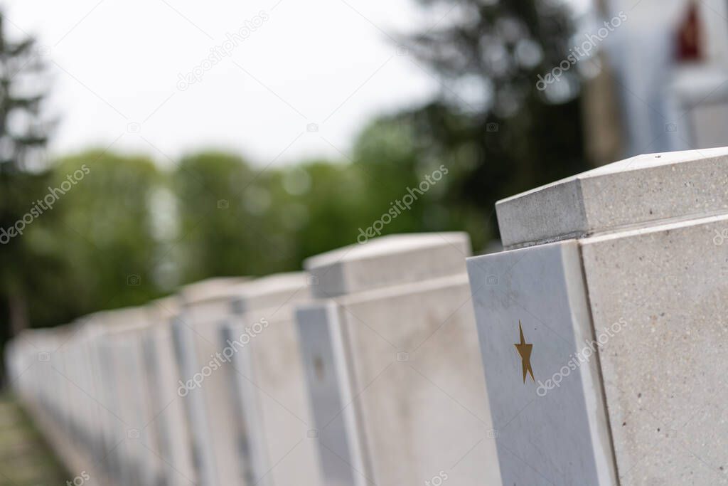 Many tombs in rows, Russian graves on military  cemetery