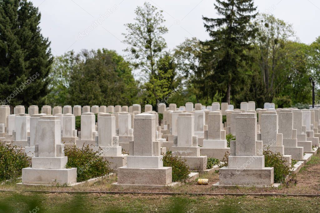 Many tombs in rows, Russian graves on military  cemetery