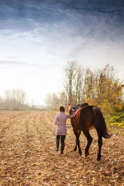 Hermosa mujer con caballo — Foto de Stock