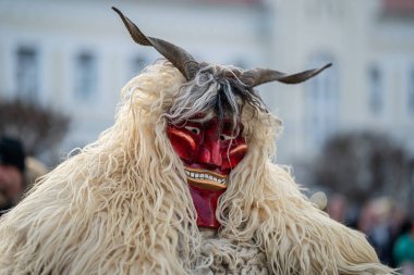MOHACS, HUNGARY - Mart 01: Busojaras Karnavalı. Bahar kutlamaları için kimliksiz kişi maske takıyor. 01 Mart 2025, Mohacs, Macaristan.