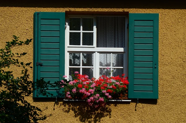 Ventana con geranio rojo y persianas verdes — Foto de Stock