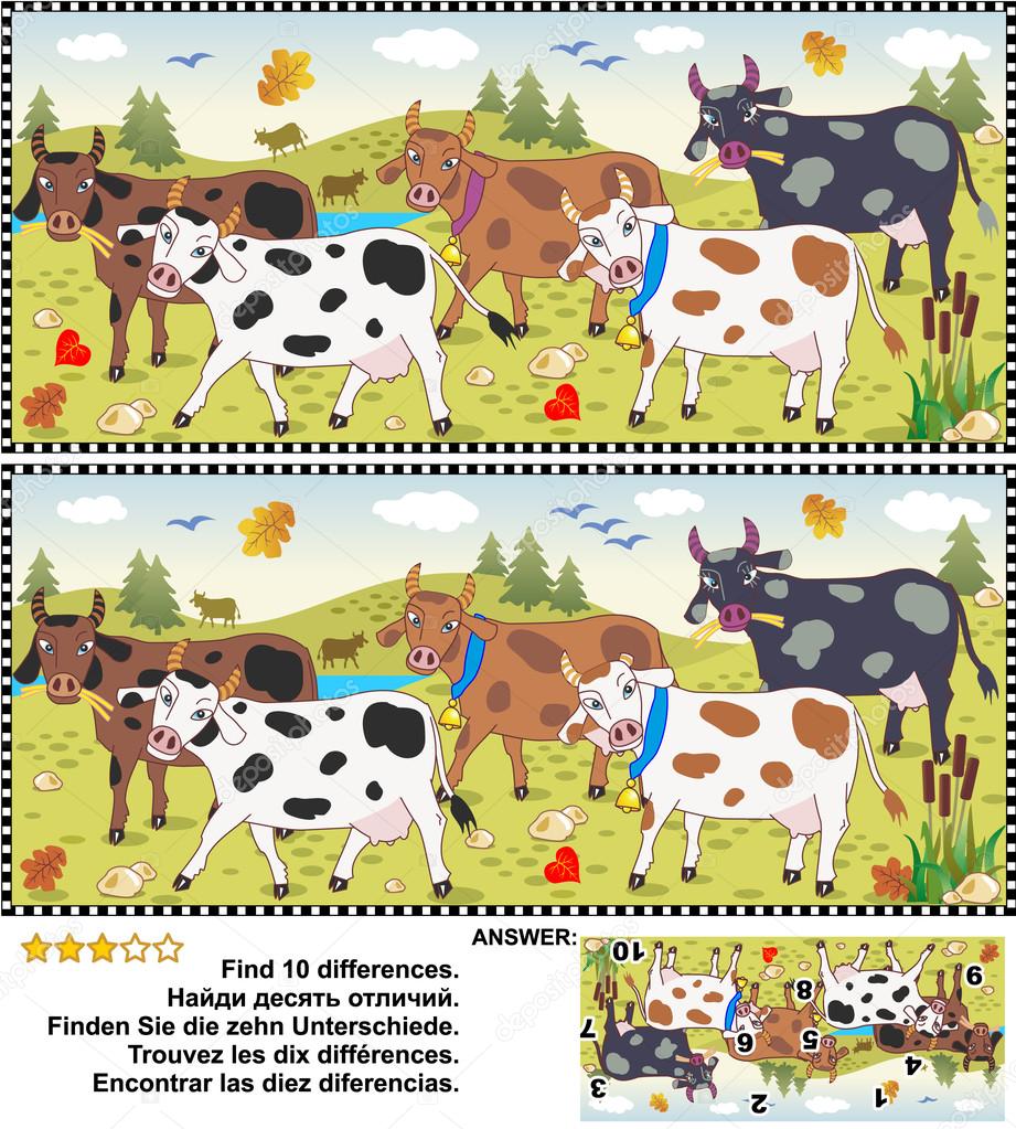 Find the differences picture puzzle cows — Stock Vector