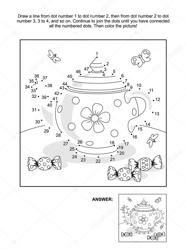 Pagina Van Het Punt Naar Dot En Kleuren Met Theepot En Snoep