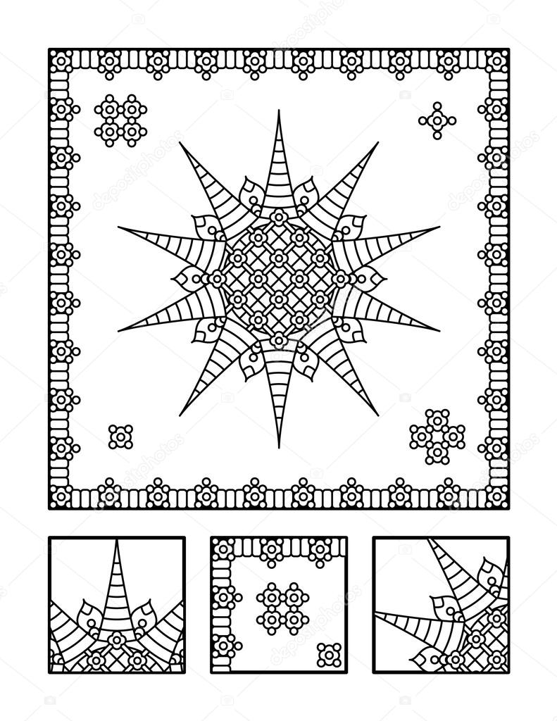 Coloriage et puzzle visuel pour les adultes — Image vectorielle Encadrée de mandala coloriage pour adultes enfants ok trop et puzzle visuel Directions de puzzle trouvent le fragment qui n appartient elle pas l image