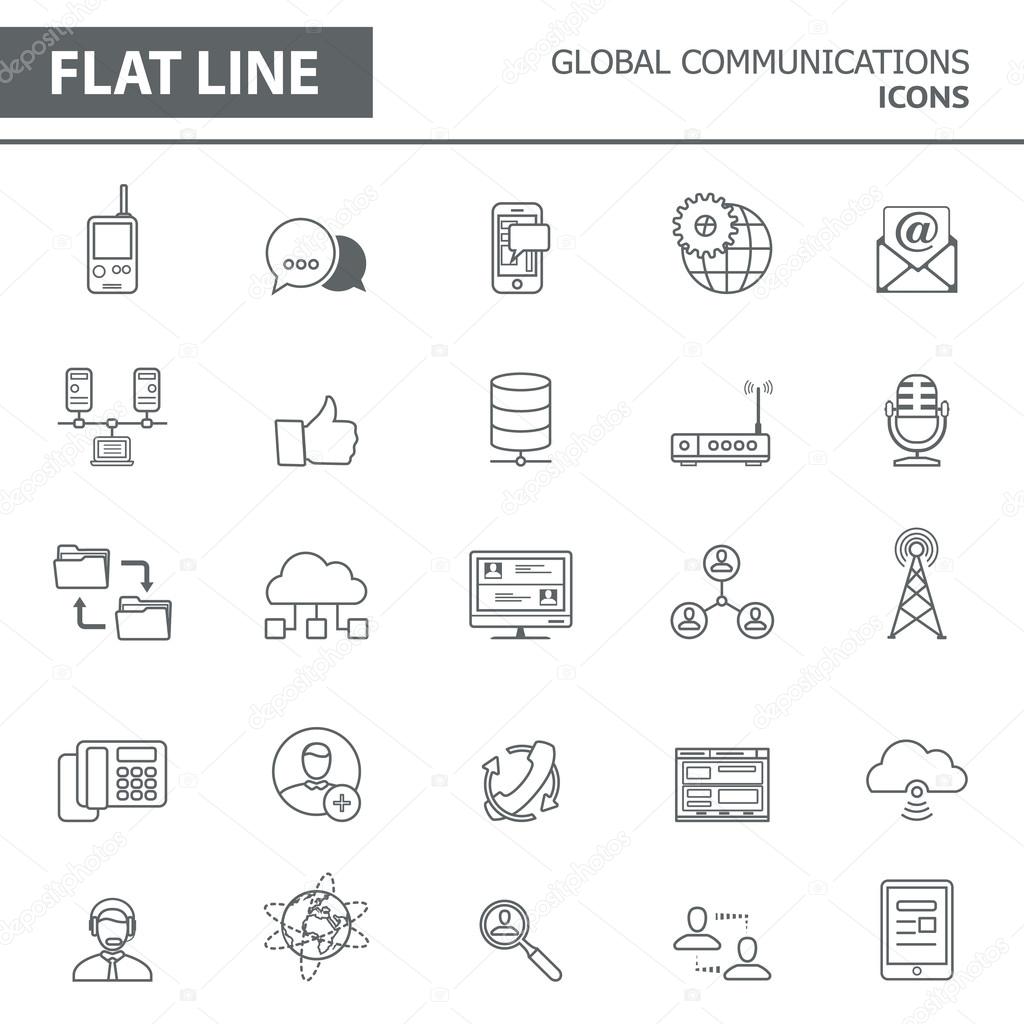 Set of modern simple line icons in flat design. Trendy infographic global communication concept elements for banners, layouts, corporate  brochures, templates and web sites. Vector eps10 illustration
