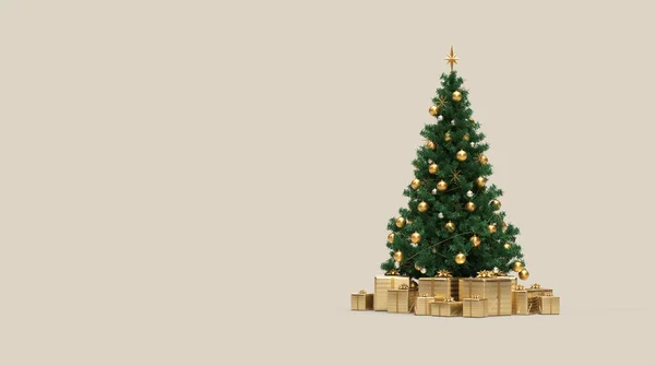 Christmas tree with gifts and gold ornaments 3D rendering