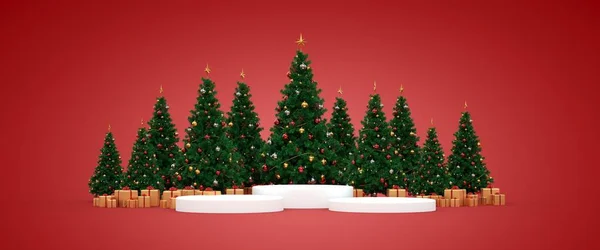 Podium Vor Weihnachtsbäumen Banner Rendering — Stockfoto