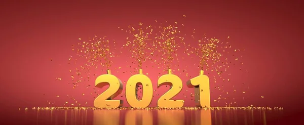 2021 Szöveg Arany Betűkkel Piros Háttér Renderelés — Stock Fotó