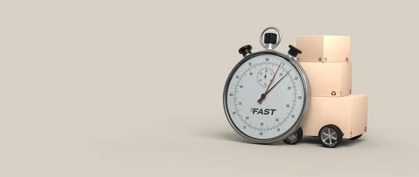 Kronometre, tekerlekleri olan bir karton kutunun önüne yerleştirilmiş.