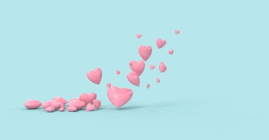 Mavi arka planda uçuşan pembe kalpler - 3D görüntüleme
