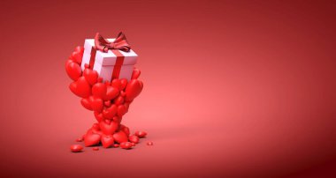 Kırmızı kalpler kırmızı arka planda bir hediye yükseltiyor - 3D görüntüleme