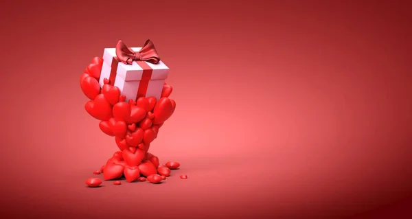 红心在红色背景下举起礼物 3D渲染 — 图库照片