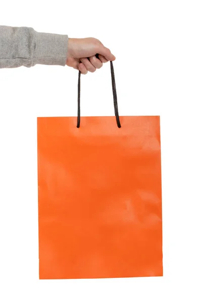 Mano Del Hombre Llevando Bolsas Compras Sobre Fondo Blanco — Foto de Stock