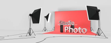 arka planı ve ışıkları olan fotoğraf stüdyosu - 3D görüntüleme