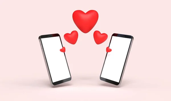 オンラインデートのための心を持つスマートフォン ピンクの背景 3Dレンダリング — ストック写真