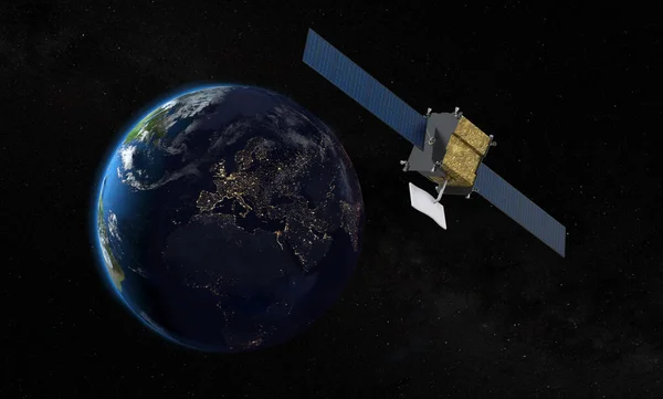 New Telecommunications Satellite Orbiting Earth - NASA Map - 3D Rendering