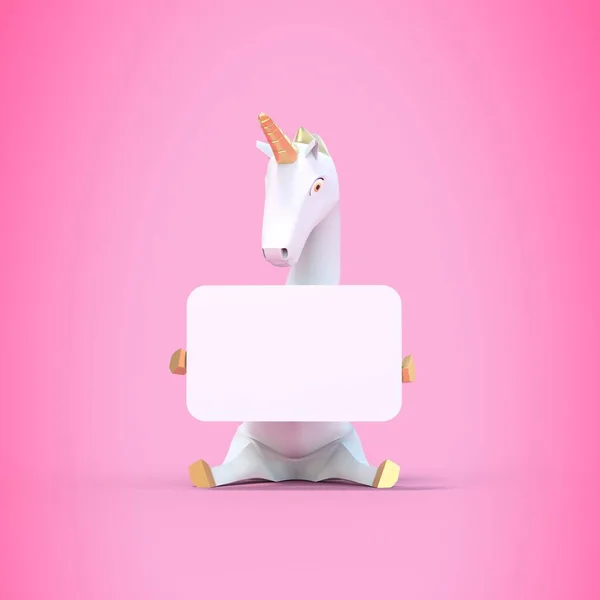 Sitting Unicorn Holding Sign Pink Background Render — Stock Photo, Image