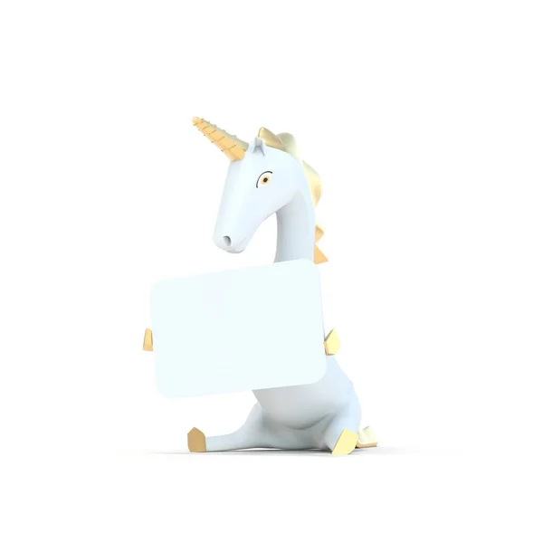 Unicornio Sentado Sosteniendo Cartel Sobre Fondo Blanco Render —  Fotos de Stock