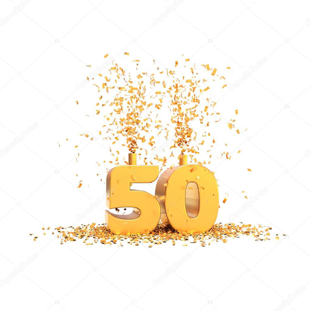 50 years golden 3d word on a white background - 3D rendering