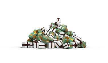 Büyük bir yığın yeşil, kahverengi ve beyaz Noel hediyeleri - şeffaf bir arkaplan üzerinde 3D yorumlama