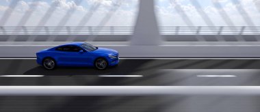 Modern mavi spor araba günbatımında kablolu köprüde sürüyor - 3D görüntüleme