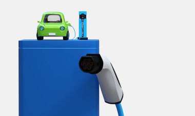 Mavi batarya konseptiyle hızlı bir istasyonda elektrikli araba şarj ediliyor - 3D görüntüleme