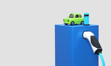 Mavi batarya konseptiyle hızlı bir istasyonda elektrikli araba şarj ediliyor - 3D görüntüleme