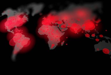 Covid-19, Covid 19 haritası dünya çapında vaka olduğunu doğruladı. Coronavirus hastalığı 2021 dünya çapında bir durum. Haritalar koronavirüsün nerede yayıldığını gösteriyor, siyah arkaplan üzerinde 3D çizimler.