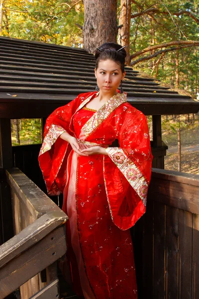 Portrait of a woman in Chinese princess costume in the pine forest — Stock Photo, Image