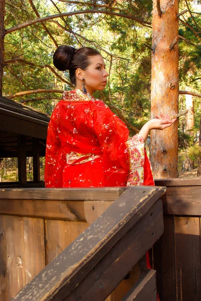 Portrait of a woman in Chinese princess costume in the pine forest — Stock Photo, Image