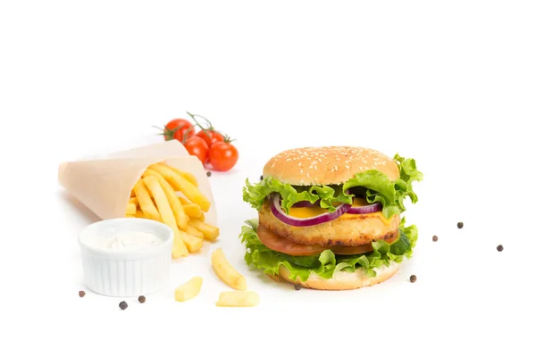 Deliziosi hamburger e patatine fritte — Foto Stock