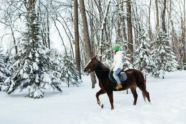 Menina bonita e cavalo no inverno — Fotografia de Stock