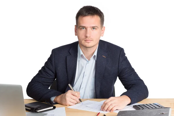 oturan işadamı ve yazma. Beyaz arka plan üzerinde izole